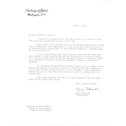 Embassy of Japan Letterhead Memo Ryuji Takeuchi 7/2/63 B14