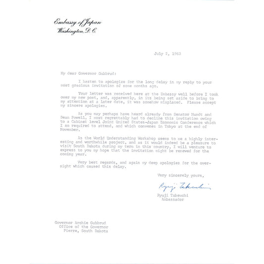 Embassy of Japan Letterhead Memo Ryuji Takeuchi 7/2/63 B14