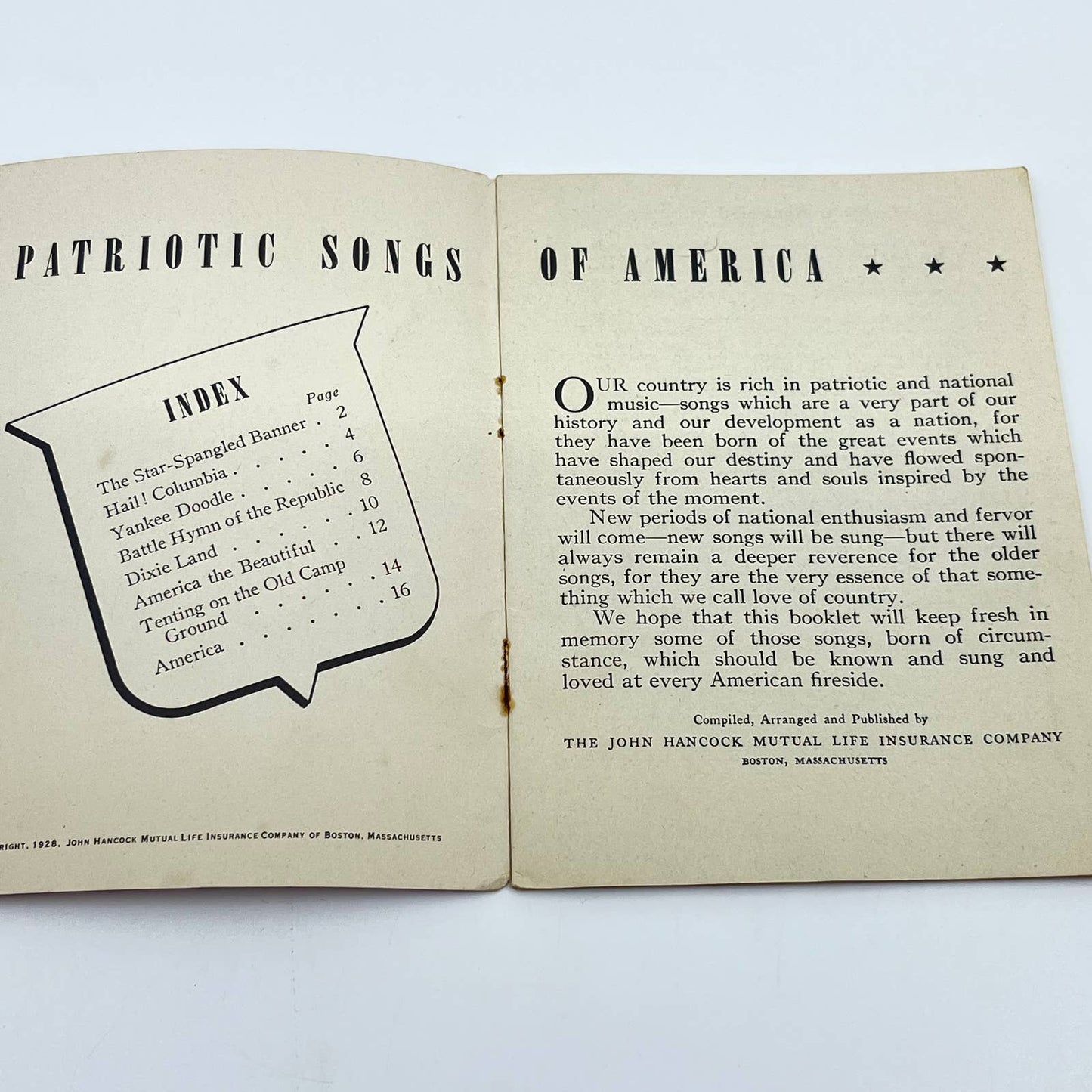 1928 Patriotic Songbook Ad John Hancock Mutual Dan Flickinger Indianapolis SC7