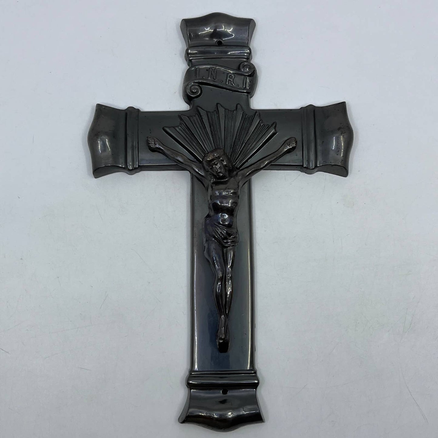 Vintage JESUS CHRIST Crucifix Heavy Cast Metal Wall Cross 9” TI2