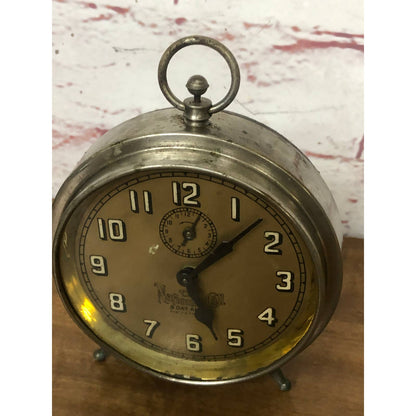 Antique The National Call 8 Day Chrome Wind Up Alarm Clock USA TH4