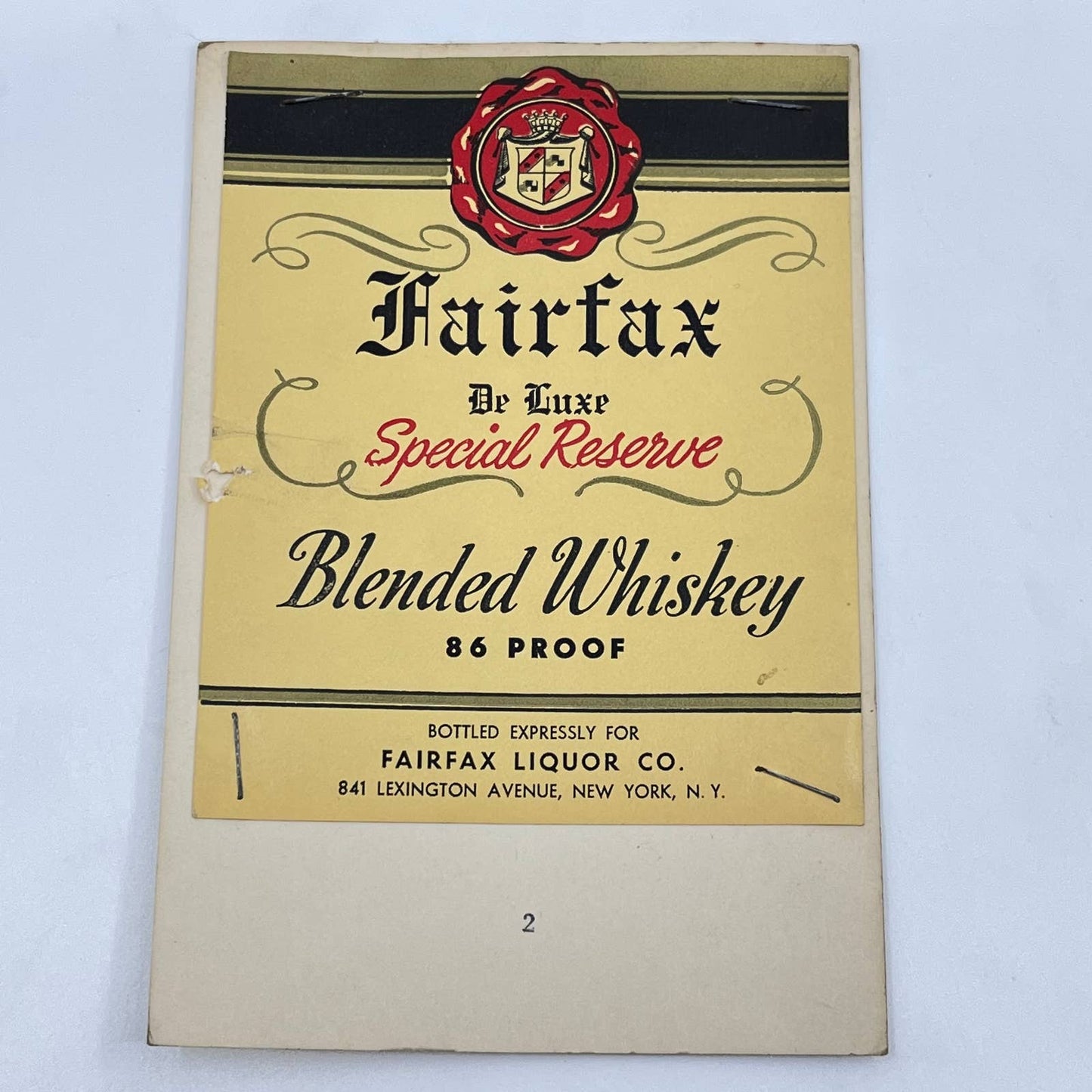 Fairfax Special Reserve Whiskey Label Fairfax Liquor Co Lexington Ave New York