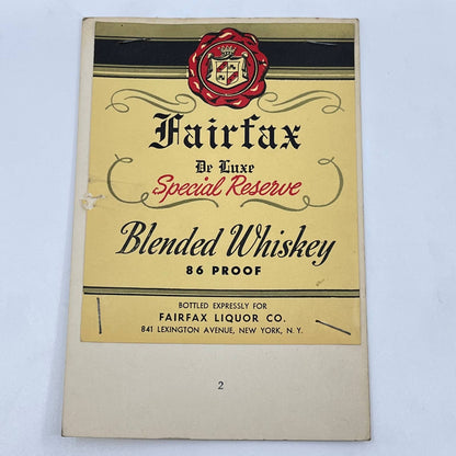 Fairfax Special Reserve Whiskey Label Fairfax Liquor Co Lexington Ave New York