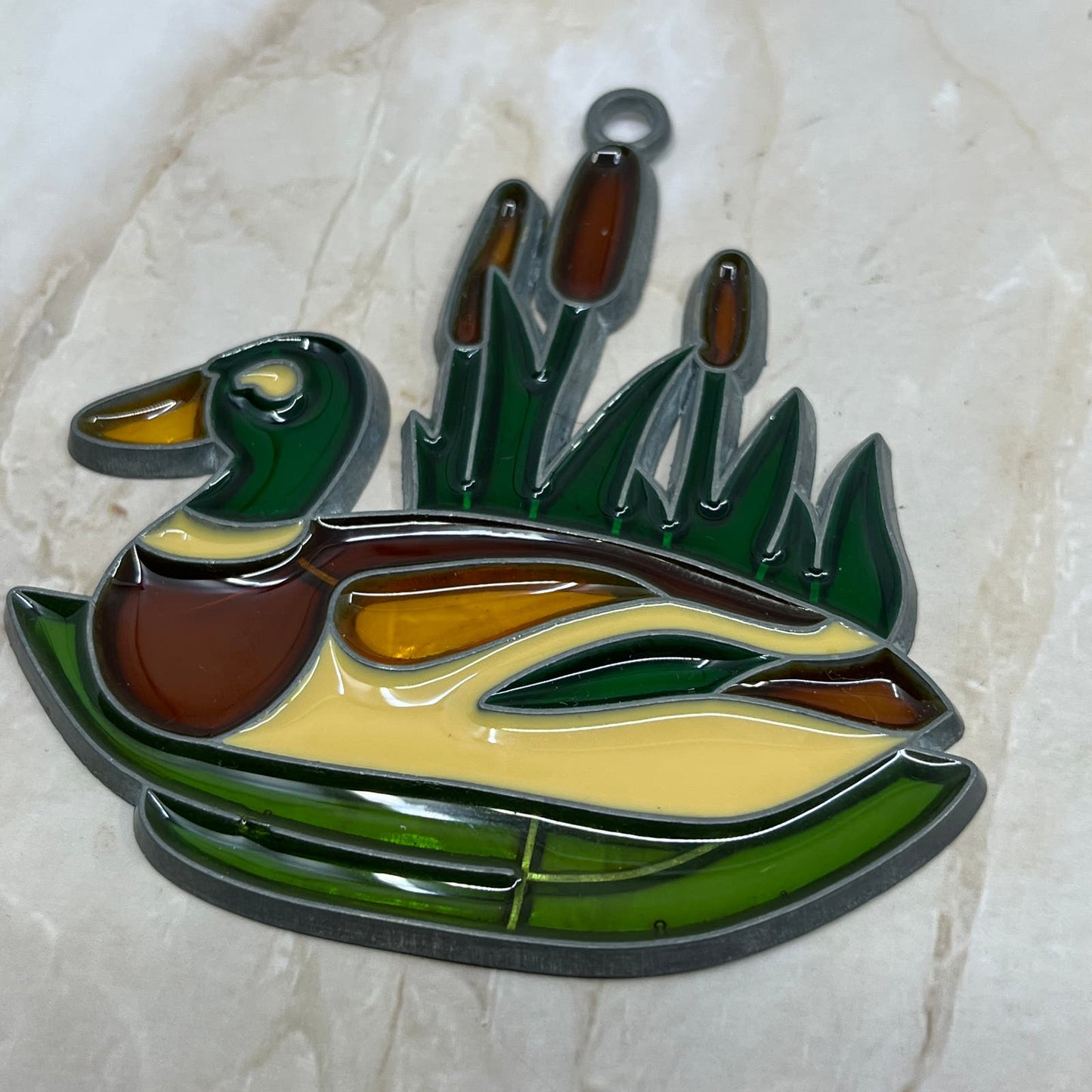 1980s Duck & Cattails Stained Glass Suncatcher 3.5" TE5-S1