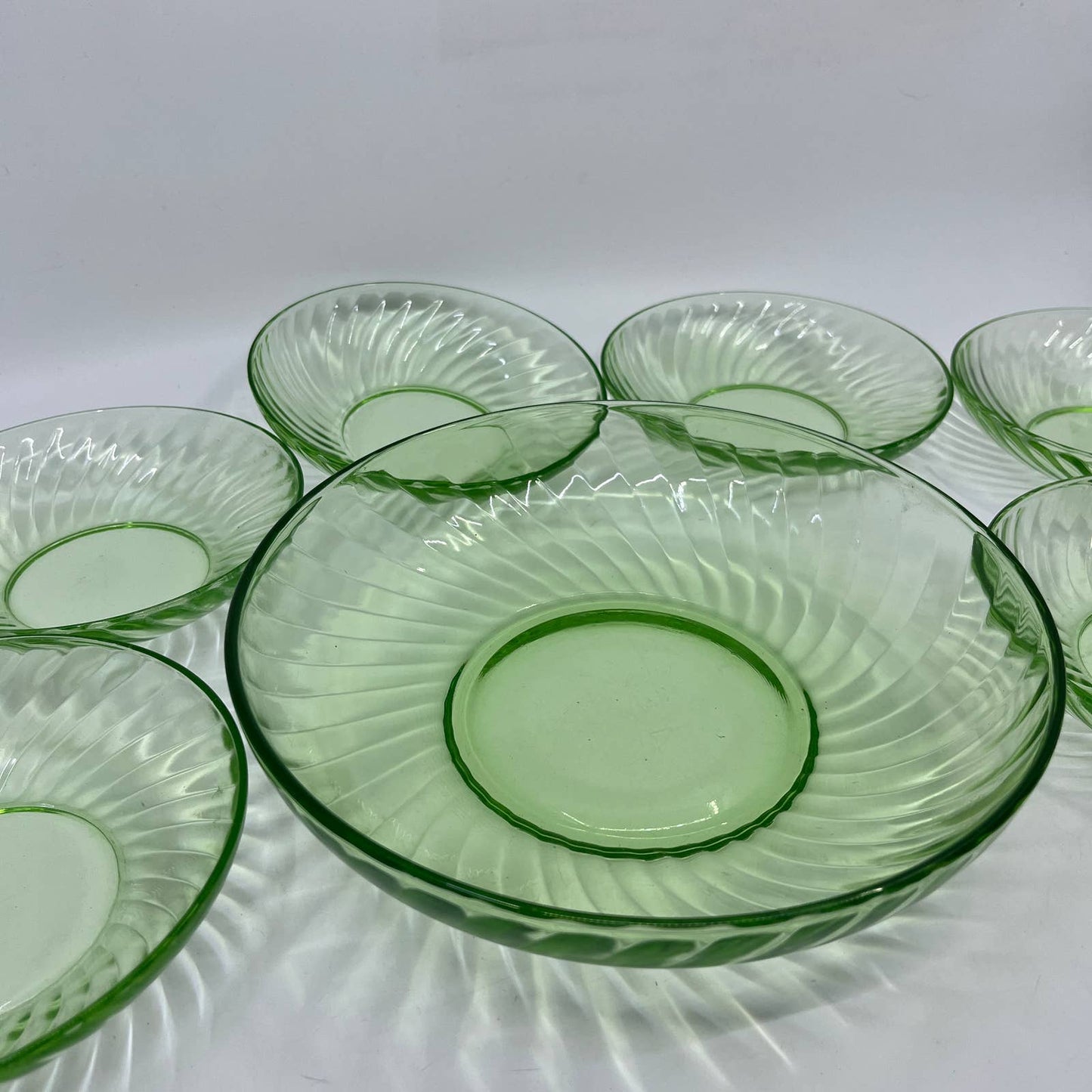 Federal Glass Uranium Glass Swirl Pattern Serving Bowl & Berry Bowl Set TI1