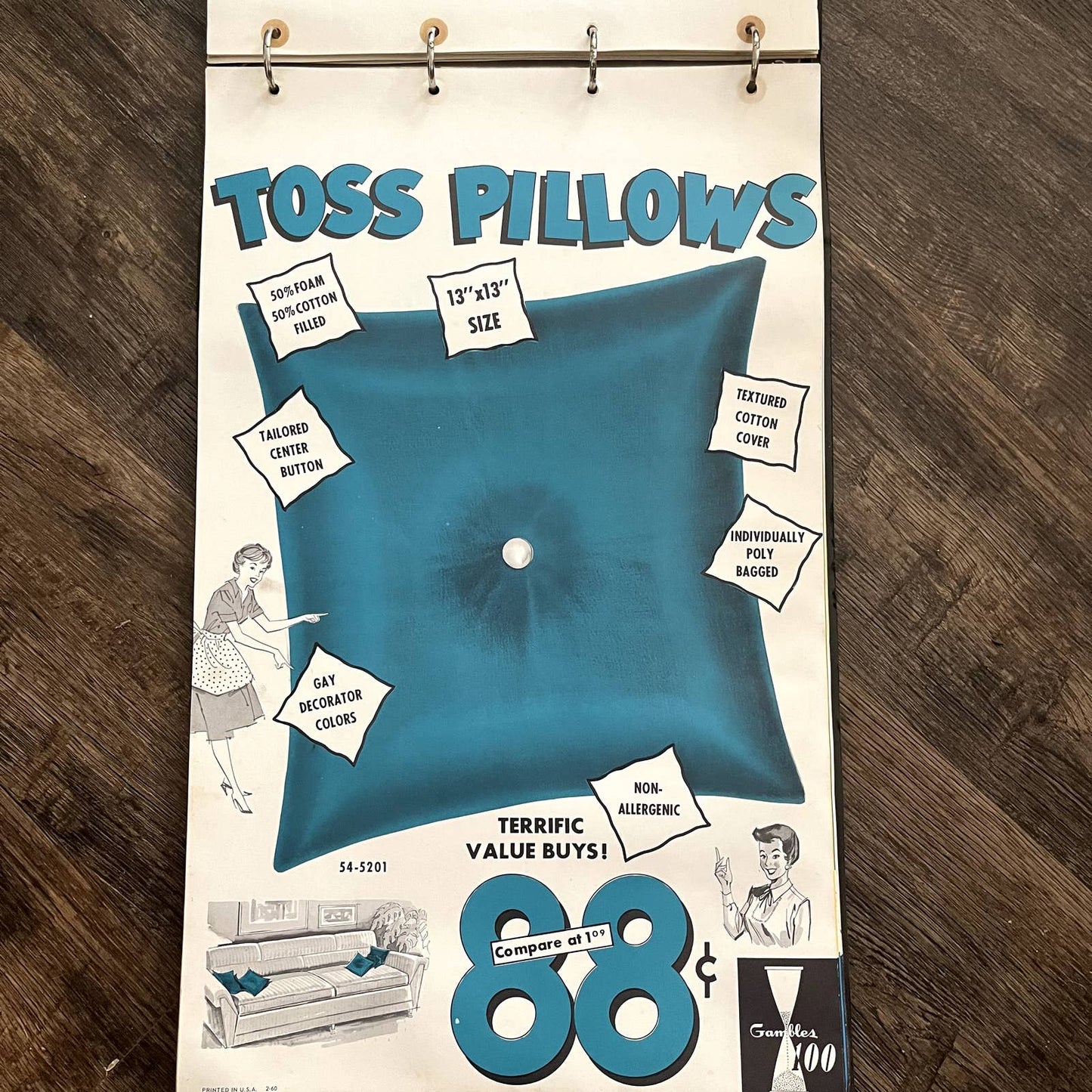 1960 Toss Pillows Gambles 100 Retail Store Display Advertising Poster 13.5x20