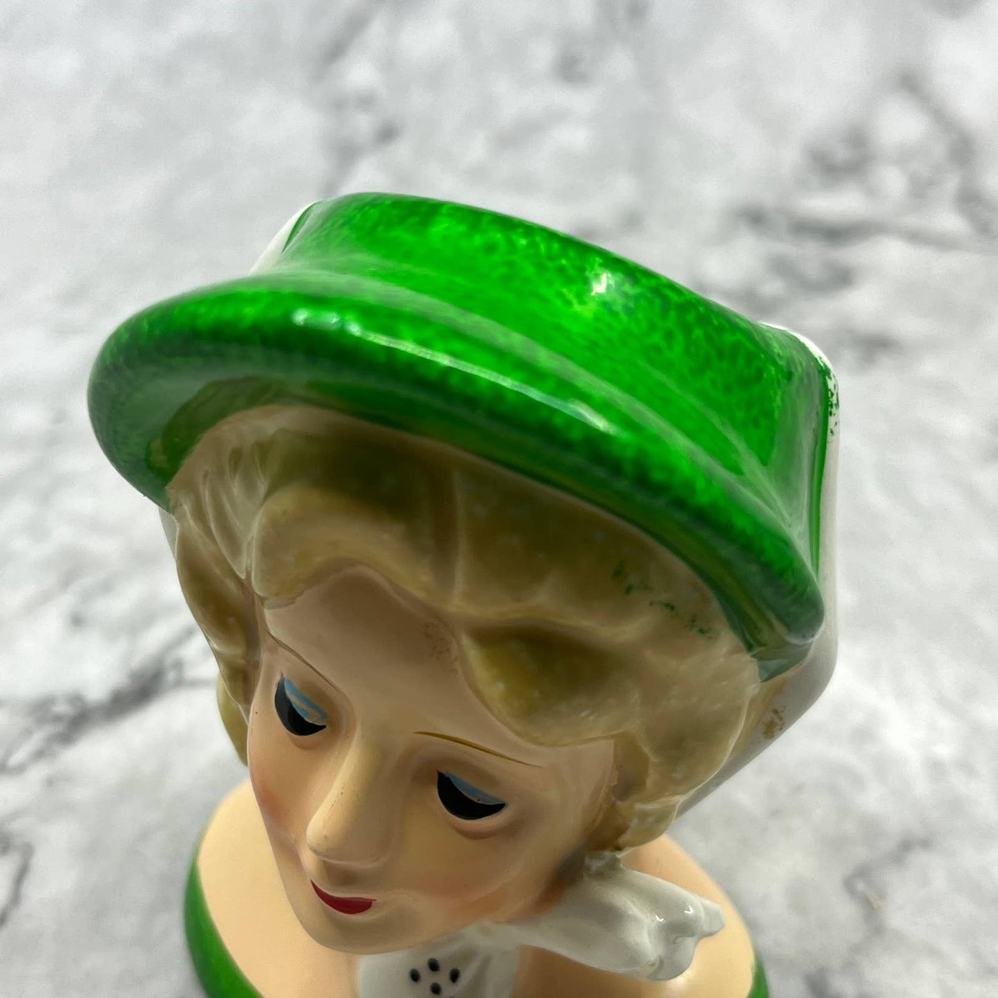 MCM Vintage Lady Head Vase Blonde Green Dress & Hat EUC White Tie 3.5” TK2