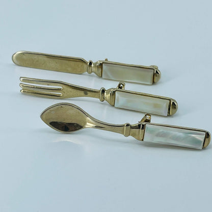 1930s Brooch Set Fork Knife Spoon Faceted Mother of Pearl Handles Gold Tone SA6