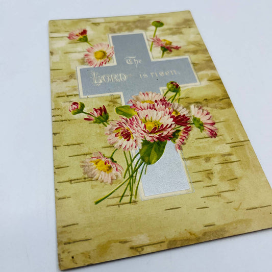 1910s Easter Post Card Embossed Birch Bark Silver Cross Pink Chrysanthemums PA5