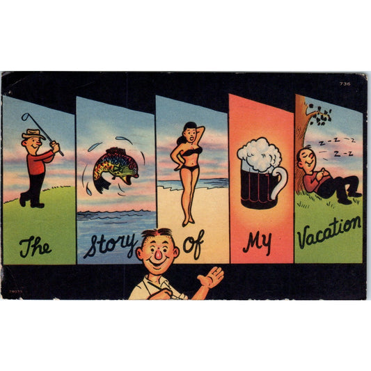 1951 The Story of My Vacation Cartoon Humor Original Postcard P2-10