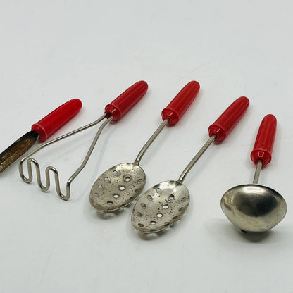 Vintage Toy Kitchen Metal 5 Piece Red Handle Kitchen Utensil Set ~5” TB6