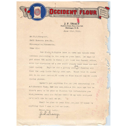 1933 Occident Flour J.F. Tracy Hettinger ND Letterhead Memo AD1-2