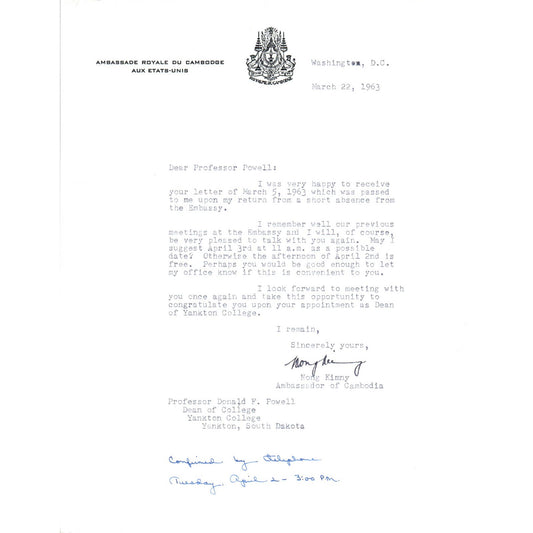 Cambodia Ambassador Letterhead Memo Nong Kimny 1963 TK1-P11