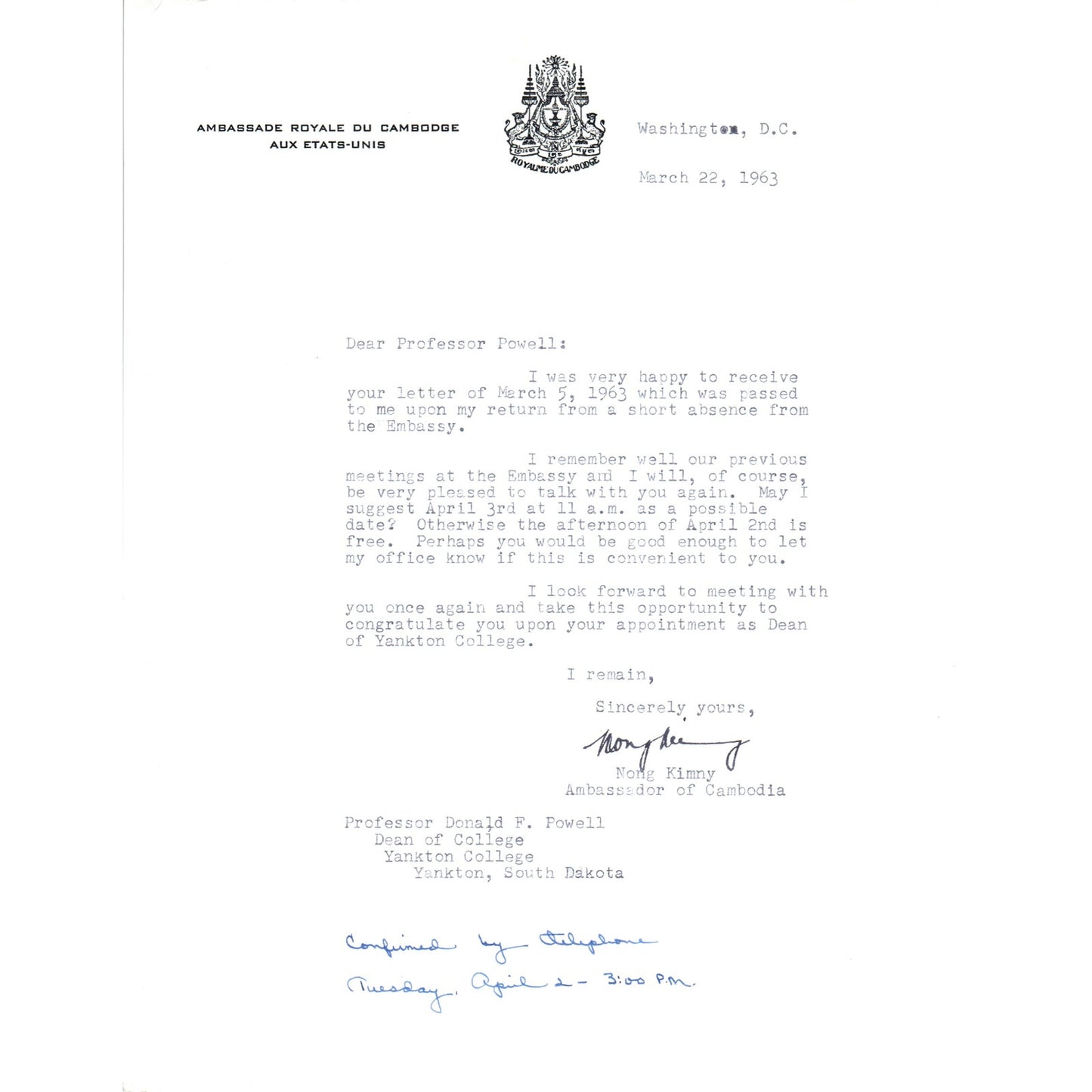 Cambodia Ambassador Letterhead Memo Nong Kimny 1963 B15