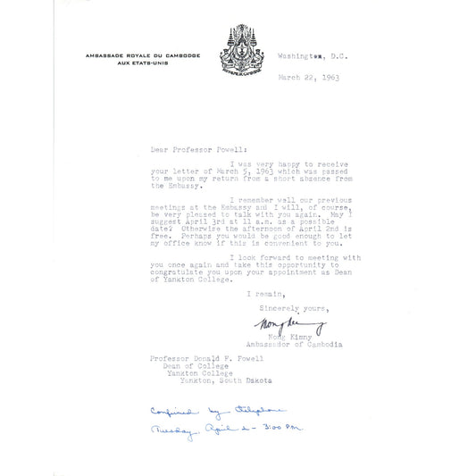 Cambodia Ambassador Letterhead Memo Nong Kimny 1963 B15