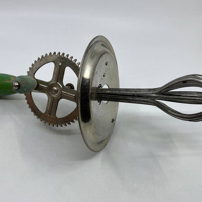 1920s AJ Manual Hand Mixer w/ Splash Guard Beater Jar Lid Green Wood Handle TI2