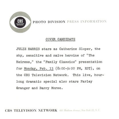 c1960 Press Photo Julie Harris Family Classics The Heiress CBS TJ7-2