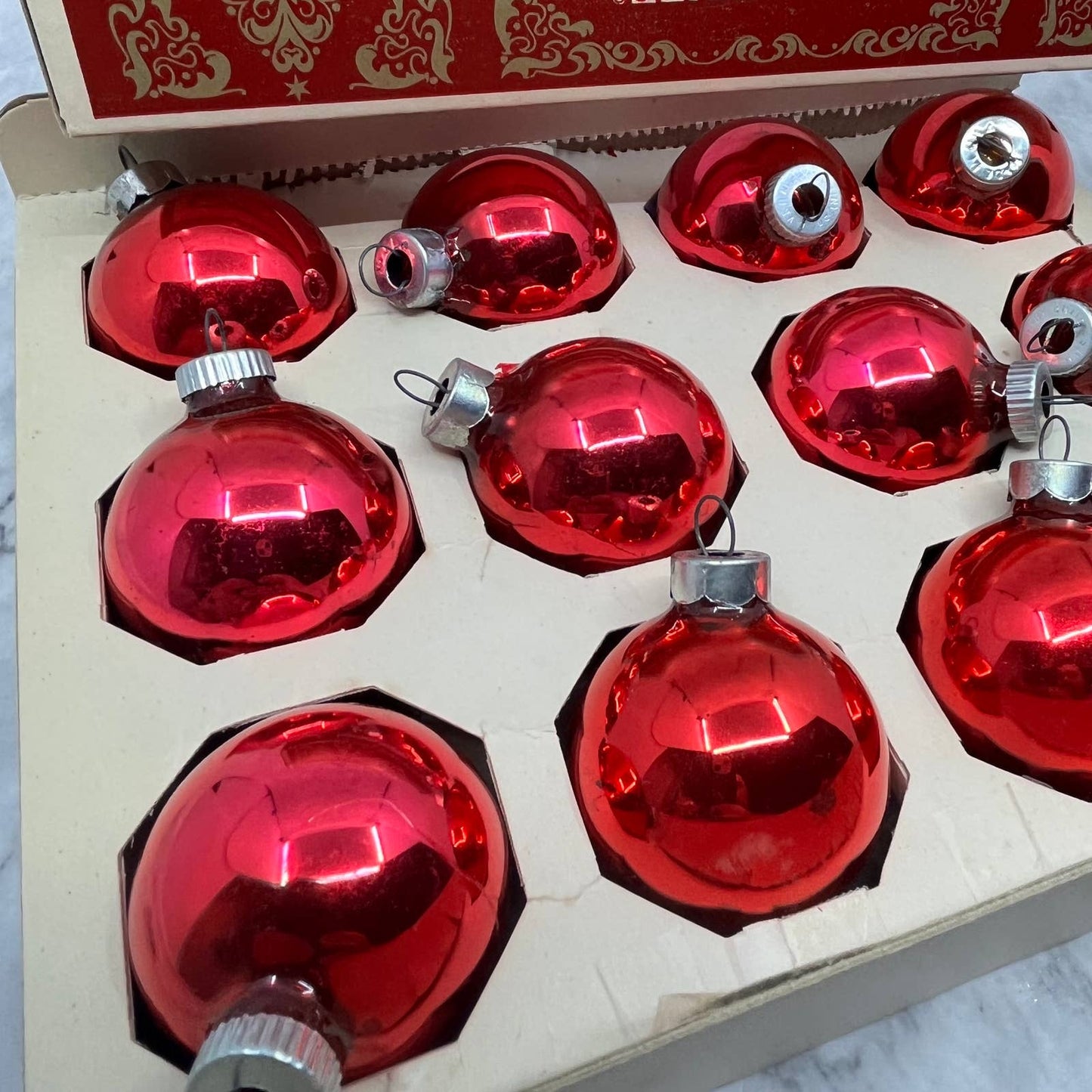 Shiny Brite 12 Vintage 1 3/4" Mercury Glass Ornaments Original Box Red/Pink TJ9