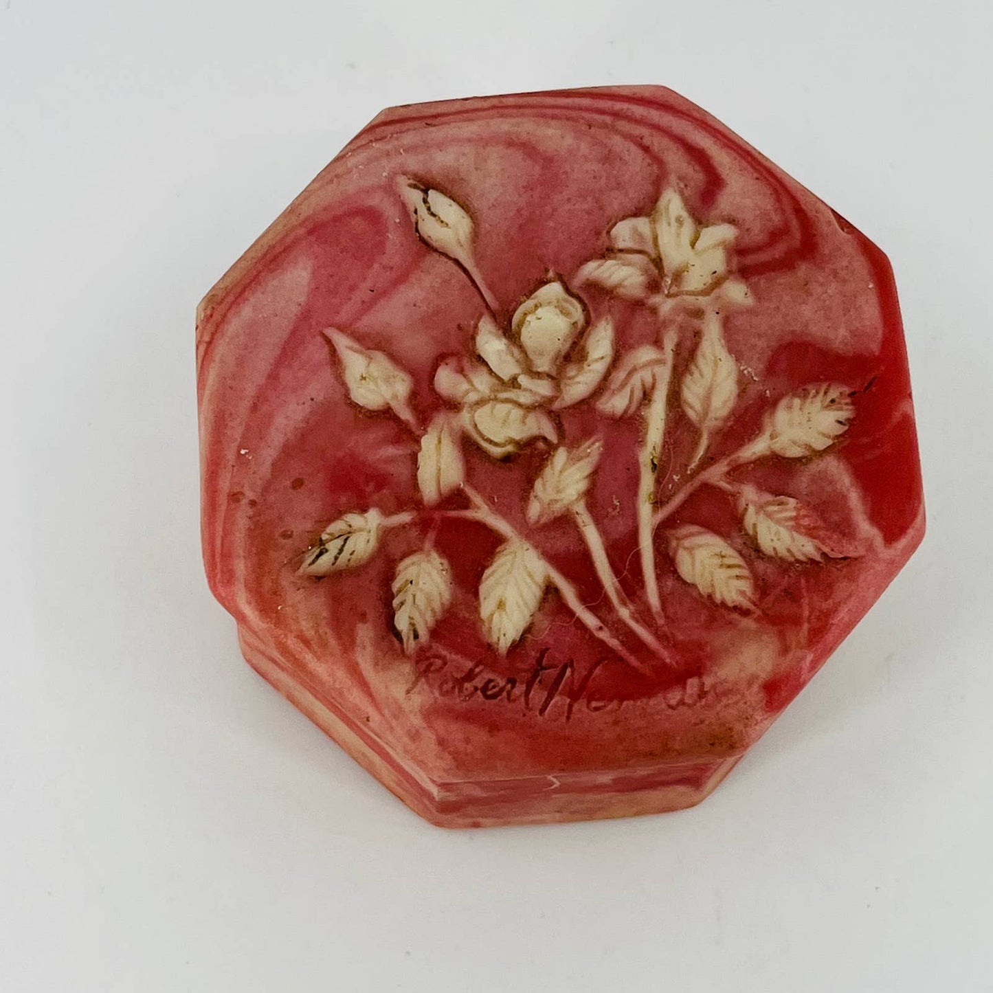 R. Nemith Incolay Octagonal Pink Rose Soapstone Rose Relief Trinket Box 2.5” TB7