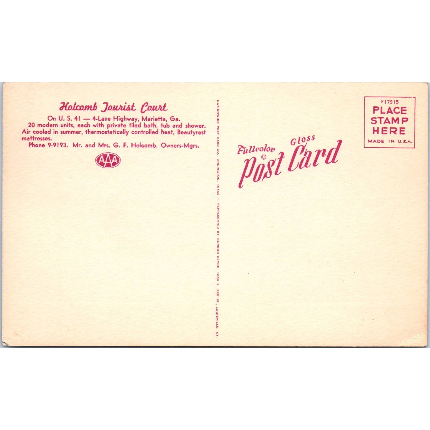 Holcomb Tourist Court Marietta Georgia G.F. Holcomb - Original Postcard TJ7-RP2