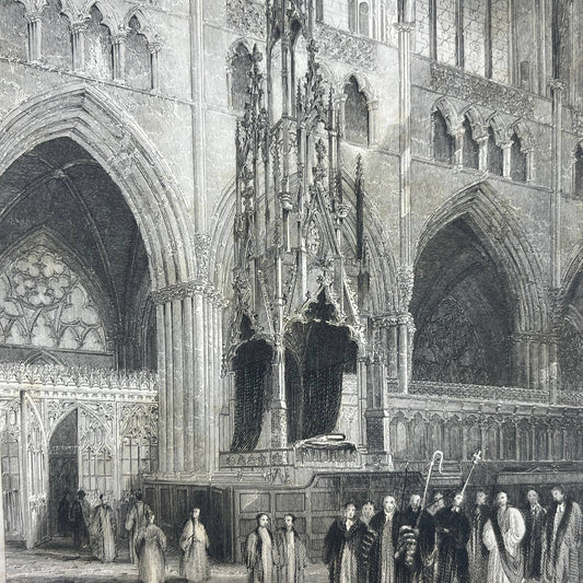 1836 Original Art Engraving Exeter Cathedral View of the Bishop's Throne AC4