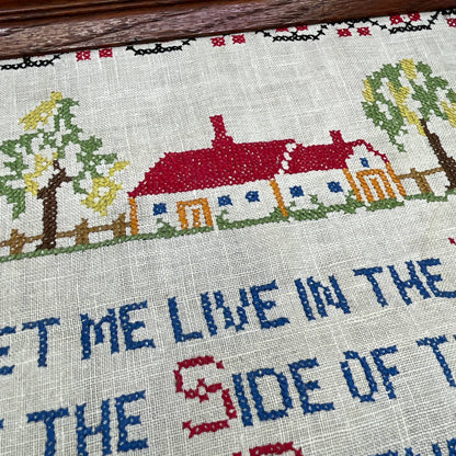 Vintage Framed Cross Stitch Sampler Art ...House on the Side of the Road... TG3