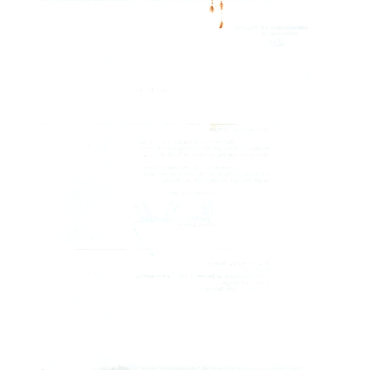 Ambassador of Finland Olavi Munkki Letterhead Memo April 1968 B10