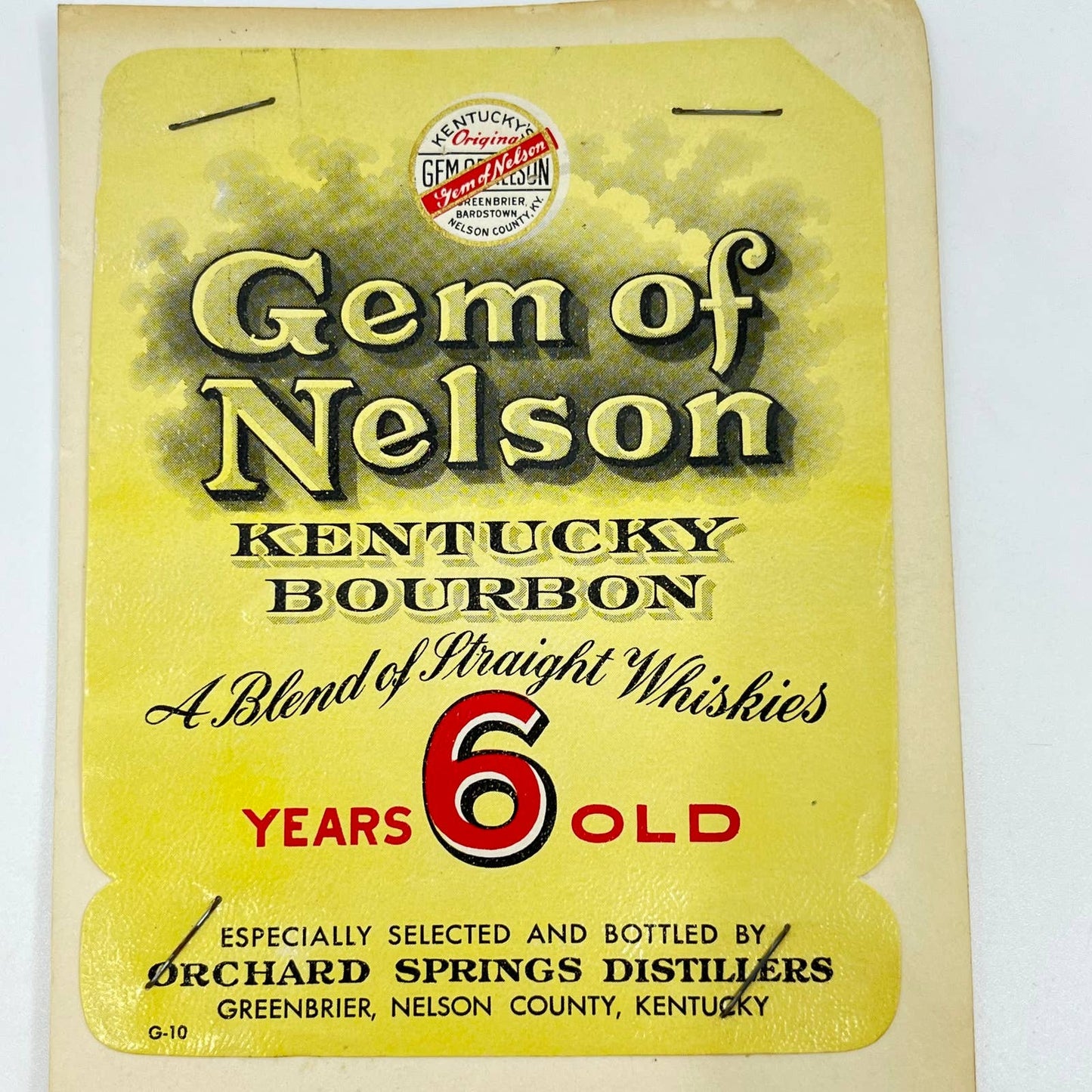 Gem of Nelson Bourbon Whiskey Label Orchard Springs Distillers Greenbrier KY