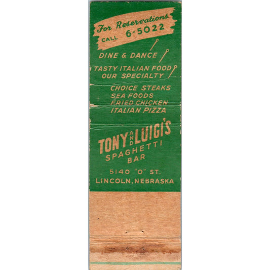 Tony and Luigi's Spaghetti Bar Lincoln NE Advertising Matchbook Cover MM10-2