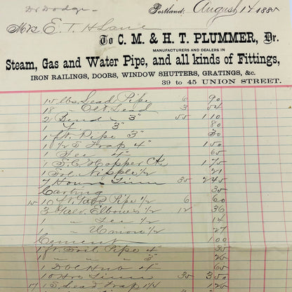 1885 CM & HT Plummer Portland ME Union Street Billhead Letterhead Receipt AA4