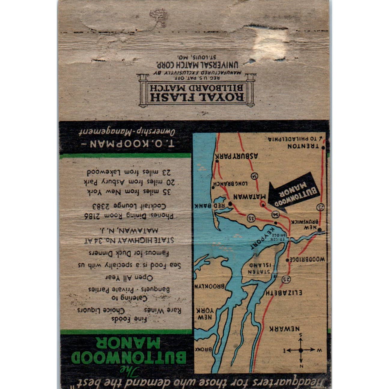 Buttonwood Manor Lake Lefferts Matawan NJ Advertising Matchbook Cover SA1-M5