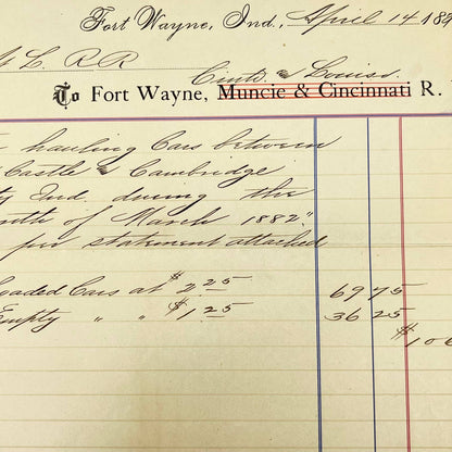 1882 Fort Wayne, Muncie & Cincinnati Railroad RR Letterhead Billhead AB1-2