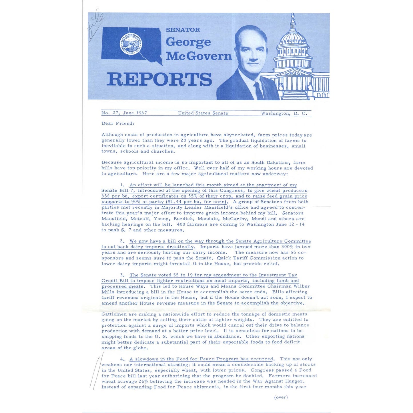 Senator George McGovern Reports Newsletter June 1967 Original TK1-P7
