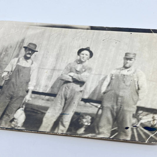 c1910 RPPC Real Photo Postcard 3 Men Farmers in Overalls and Hats SC9