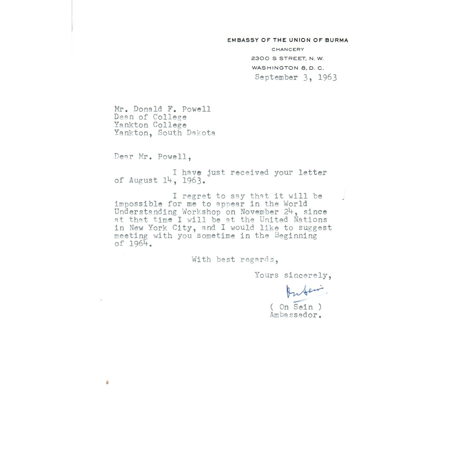 Embassy of The Union of Burma Official Letterhead Memo On Sein 1963 B9