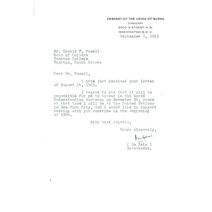 Embassy of The Union of Burma Official Letterhead Memo On Sein 1963 B9