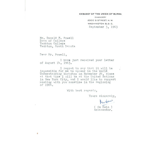 Embassy of The Union of Burma Official Letterhead Memo On Sein 1963 B9