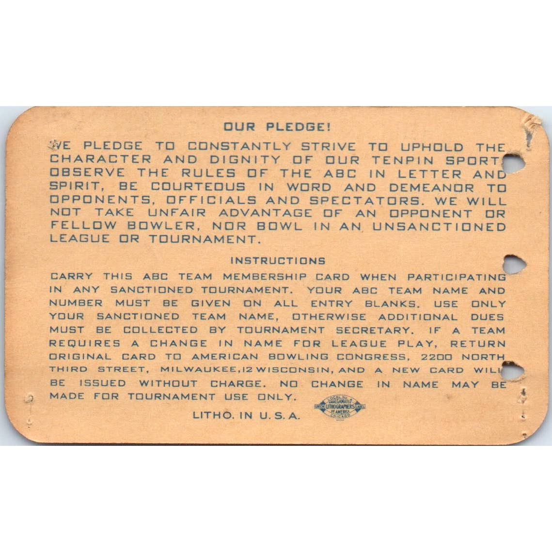 1949 American Bowling Congress Milwaukee Membership Card Eagles 775 SE5-21