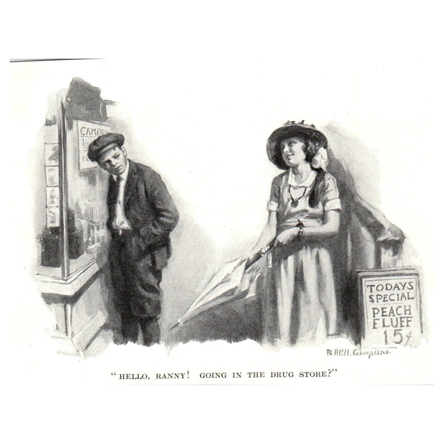 Hello Ranny! Going in the Drug Store? - 1921 Original Illustration TJ7-S