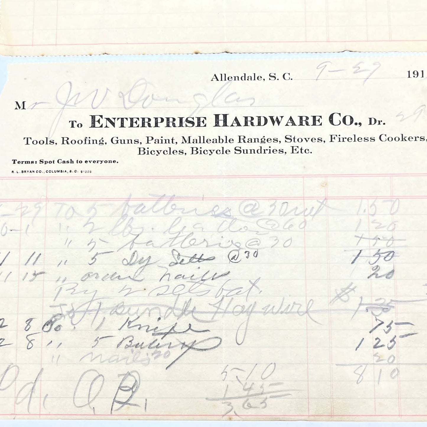 1913 Enterprise Hardware Co Letterhead Receipt Allendale SC Set of 2 AC3-2