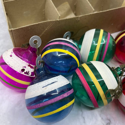 RARE WWII Era Unsilvered SHINY BRITE Striped Glass Ball Ornaments Lot of 11