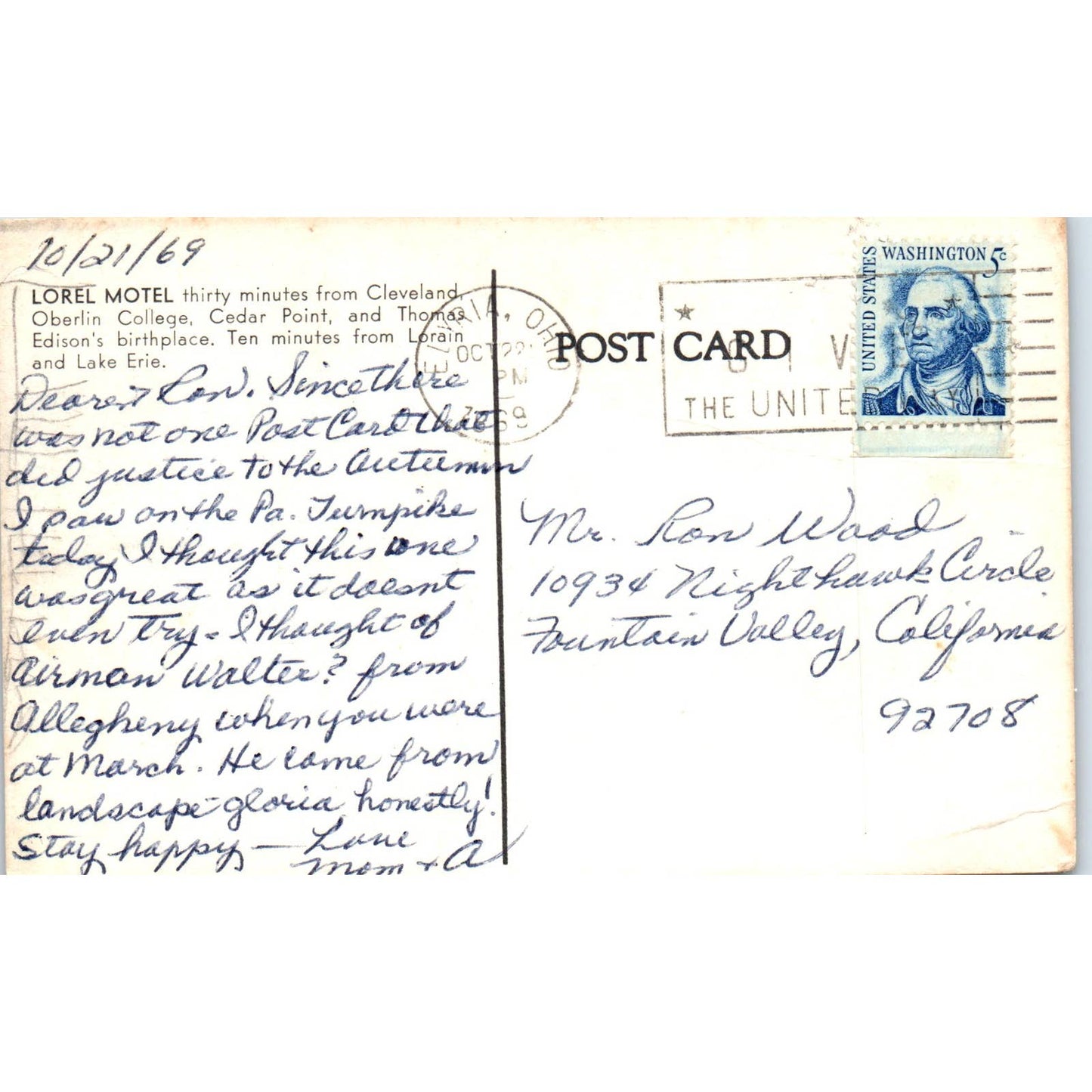 Vintage Postcard Lorel Motel Lorain Blvd, Elyria OH TD8-O2