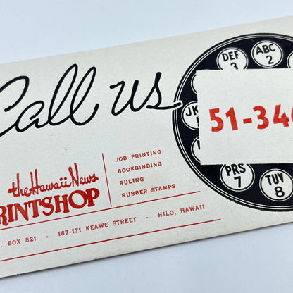 1950s Blotter Card The Hawaii News Print Shop Hilo Hawaii SC9