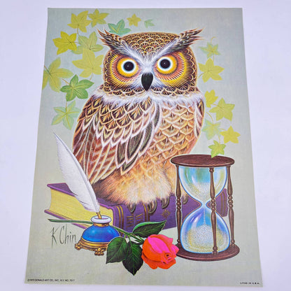 1973 Kitschy Donald Art Co. Owl With Hourglass Lithograph K Chin 9 x 12” FL3