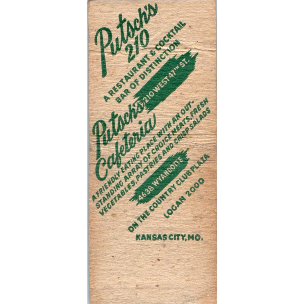 Putsch's 210 & Cafeteria Kansas City MO Advertising Matchbook Cover SA9-M2