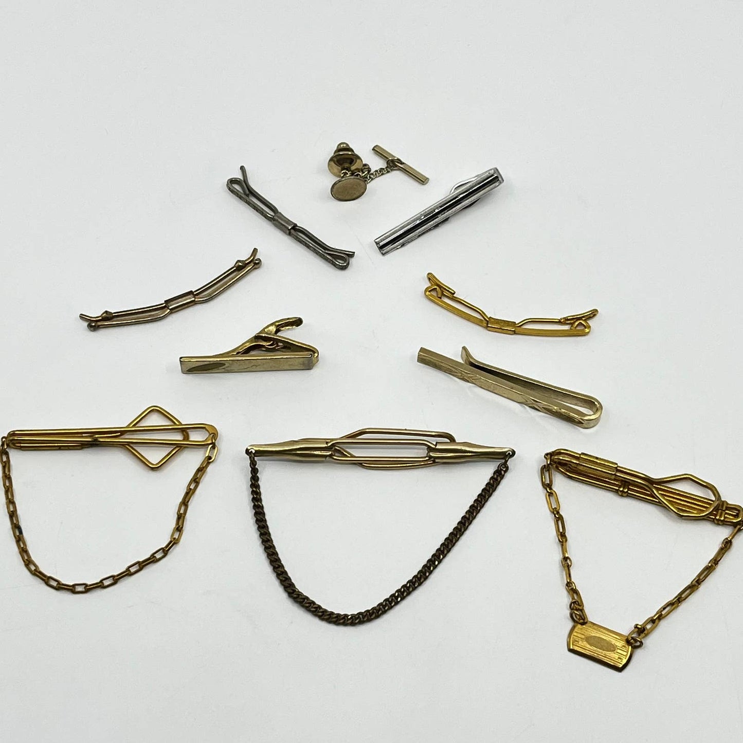 Vintage MCM Gold and Silver Tone Tie Bar Chain Clip Tack LOT OF 10 SD4