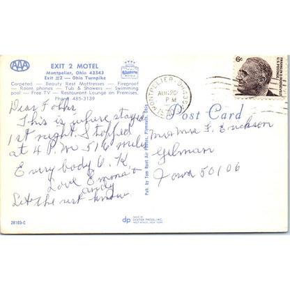Vintage Postcard Exit 2 Motel Montpelier Ohio TD9