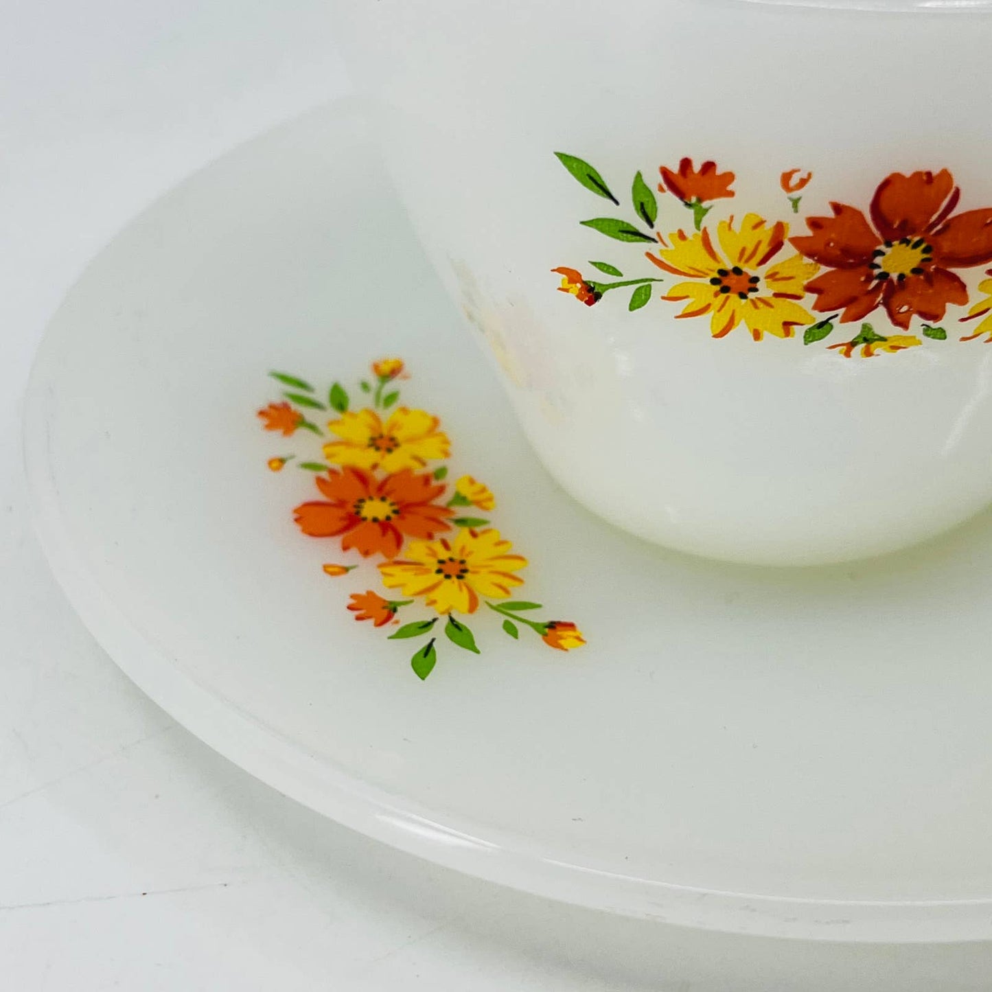 1950s MCM Fire King Cup & Saucer Set Milk Glass Cosmos Orange Yellow Daisy TC9