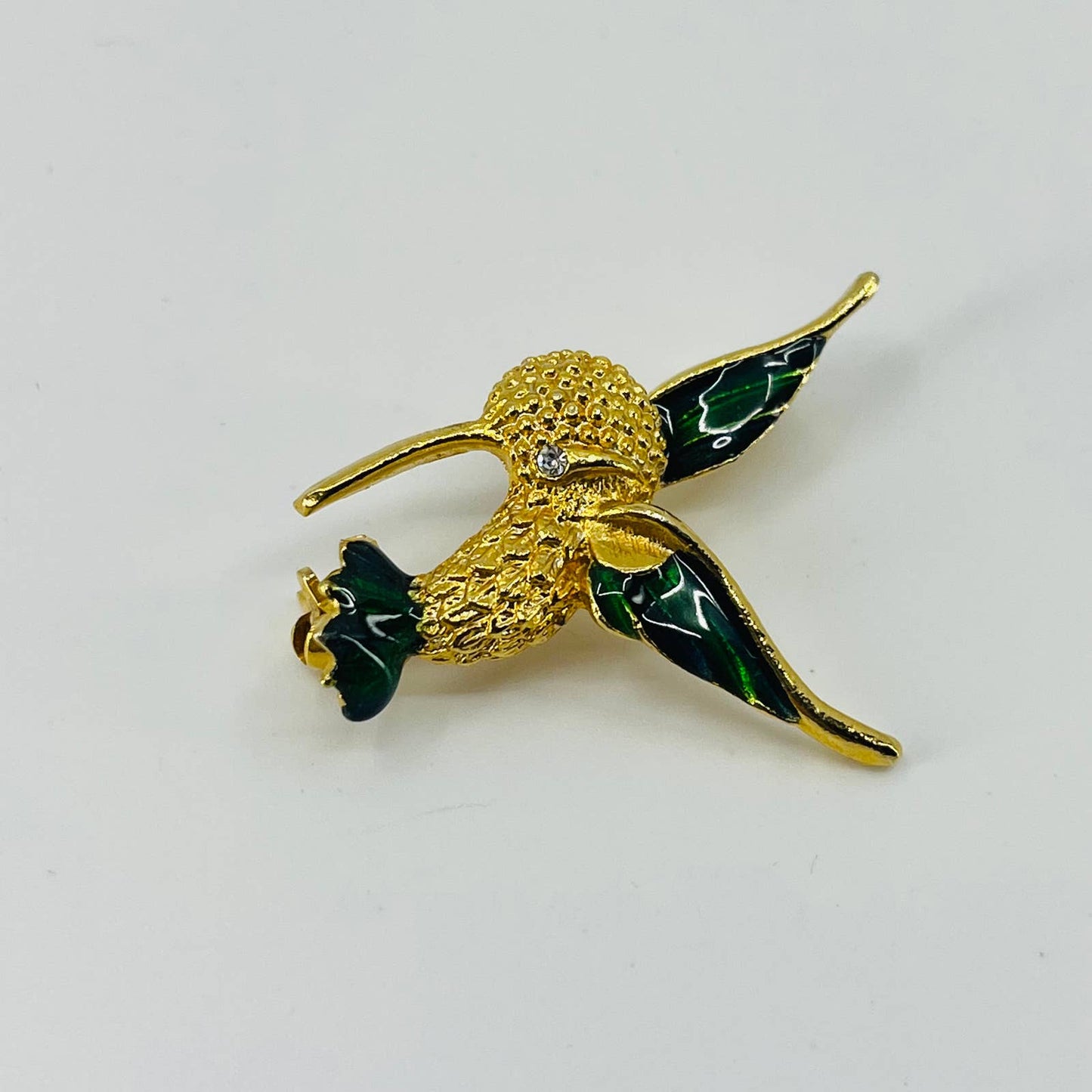 Vintage Hummingbird Brooch Gold Tone Rhinestone Eye Green Enamel SA6