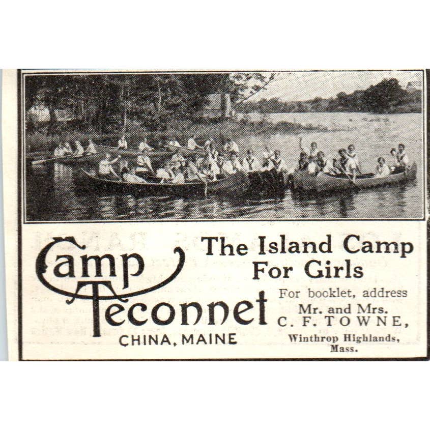 c1920 Harper's Magazine Ad - Camp Teconnet Island Camp for Girls China Maine EA3